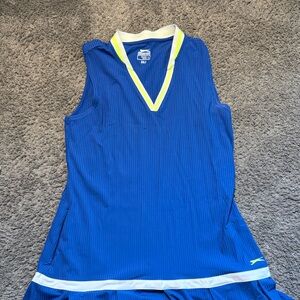 Slazenger V-Neck Ribbed Mini Golf Dress with shorts in blue and white